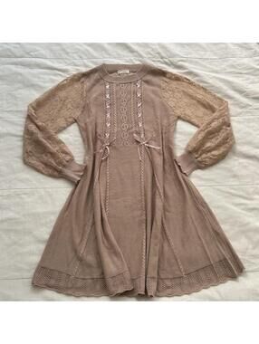 Axes Femme Mauve Pink Knit Lace Sleeve Ribbon Dress Size M Japan